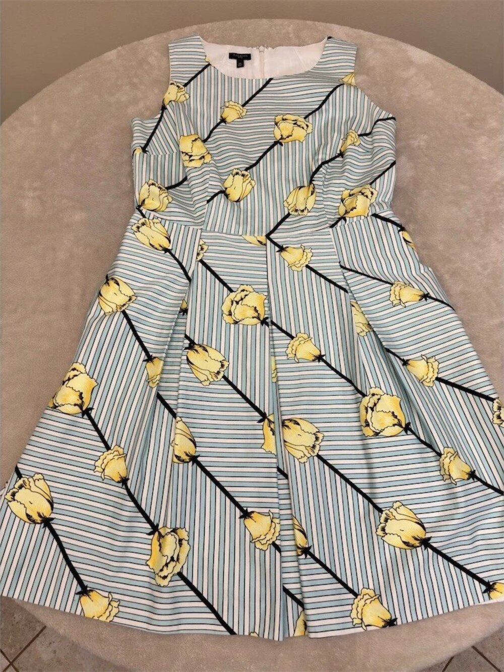 Talbots Dress Womens 12P Petites Blue/White Stripe Yellow Floral Knee